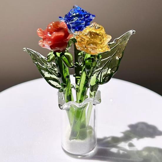 1Pc/1 Set Mini Glass Rose Flower Decoration with Stem Handmade Glass Floral Figurine Home Living Room Hand-Blown Flower Bouquet Ornament