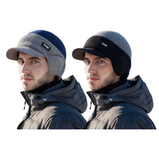 1/2Pcs Men Hat Sleek Color Block Knit Earflap Hat with Stretch-Fit Elastic Warm Thick Winter Hat Cold Weather Outdoor Winter Skiing Hiking Headwear