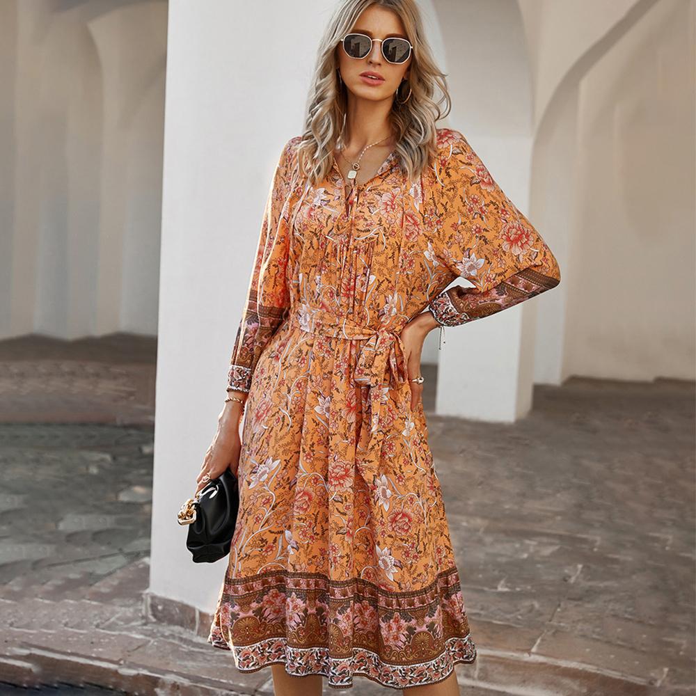 Women Sexy V Neck Bohemian Midi Dress ...