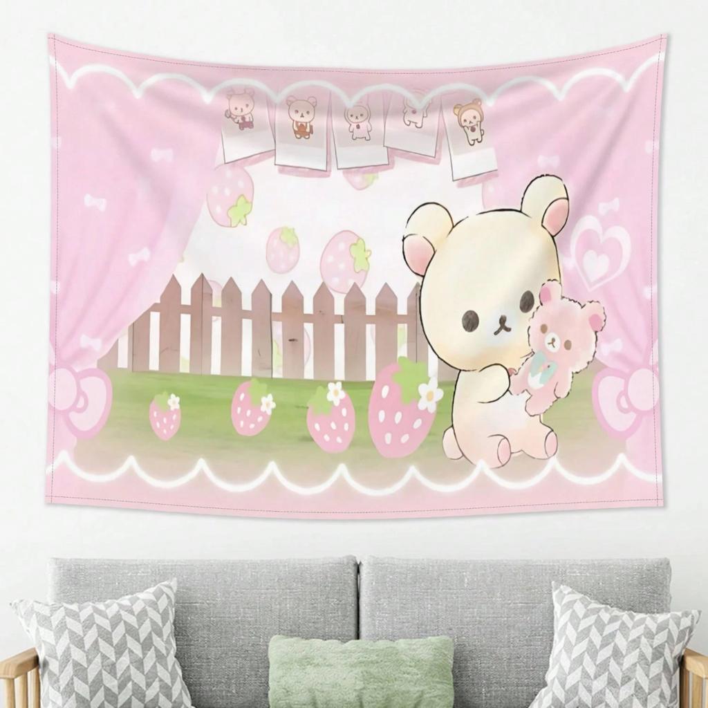 1pc Kawaii Strawberry Bear Tapestry 2D Polyester Flat Print Cute Pink Bear with Strawberry Wall Hanging Decor for Bedroom Living