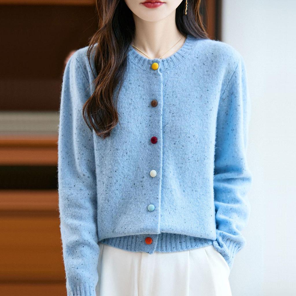 Women's 100% Wool Cardigan Sweater - Round Neck, Colorful Buttons, Loose Fit, Long Sleeve, Casual Autumn/Winter Fashion Outerwear