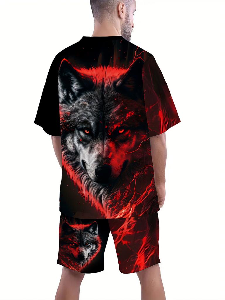 Summer Men Wolf Head Print Short Sleeve Set Breathable Outdoor Streetwear