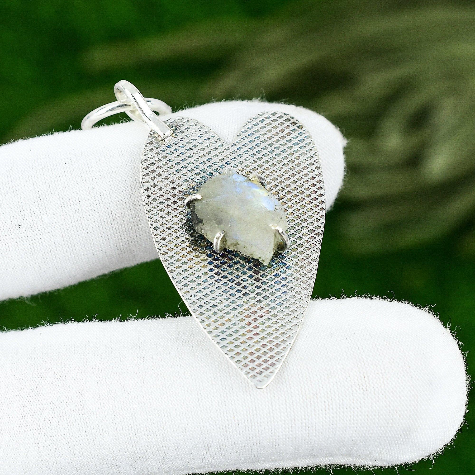 

925 Silver Natural Rainbow Moonstone Rough Handcrafted Wedding Sister Pendant