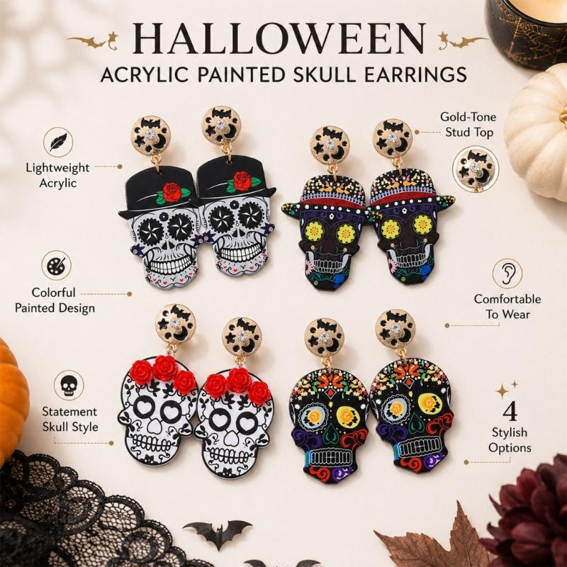 Halloween Acrylic Skull Drop Dangle Earrings Pair, Statement Jewelry for Party Outfits, Costume Wear and Seasonal Styling