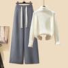 Women's Autumn 2024 Three-Piece Set: Mid-Length Cardigan Jacket, High-Neck Sweater, and Slim Wide-Leg Pants