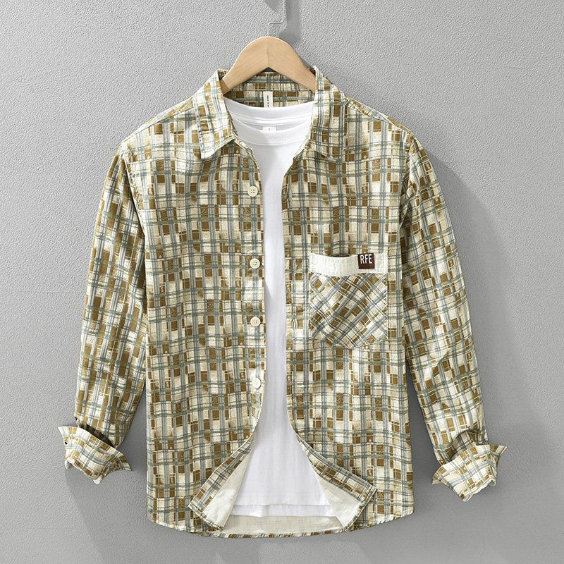 New Japanese-Style Artistic Printed Plaid Long-Sleeve Shirt for Men, Hong Kong Style Trendy Light Luxury High-End Casual Jacket