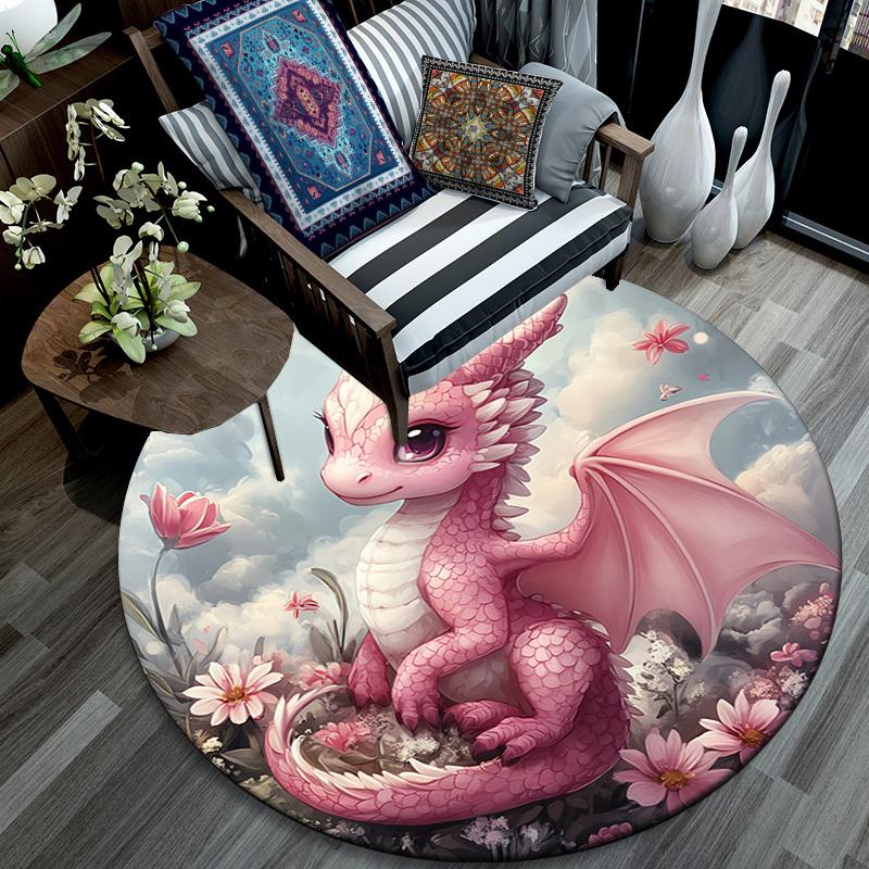 Pink Dragon Round Area Rug,Carpet Rug for Living Room Bedroom Sofa Playroom Decor,Non-slip Floor Mat