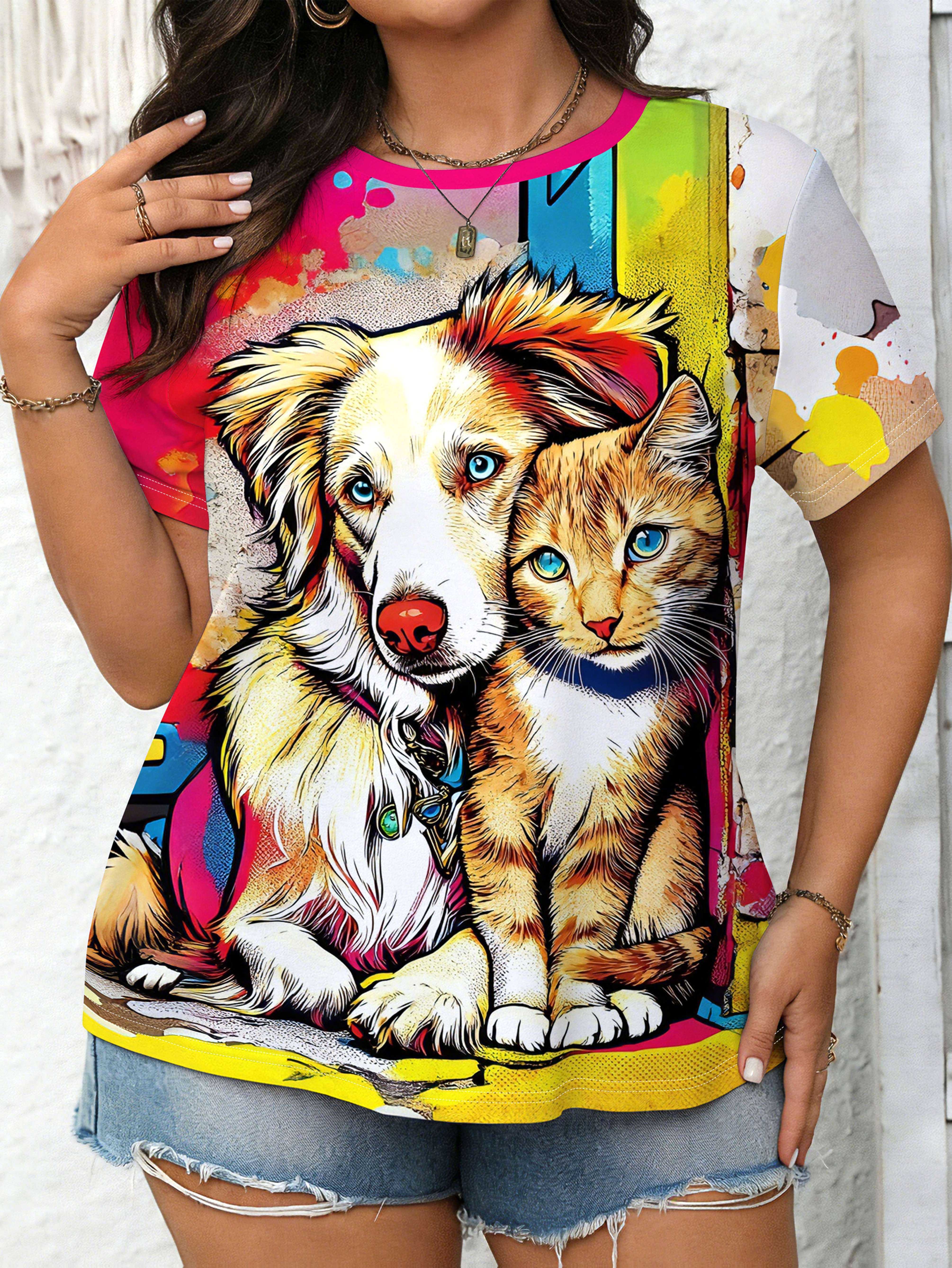 

Women s Cat ; Dog Print T-Shirt - Soft Round Neck Short Sleeve Blouse-Compatible Top Machine Washable Summer Casual Wear Suitable for Everyday Outfit S дубильная кора