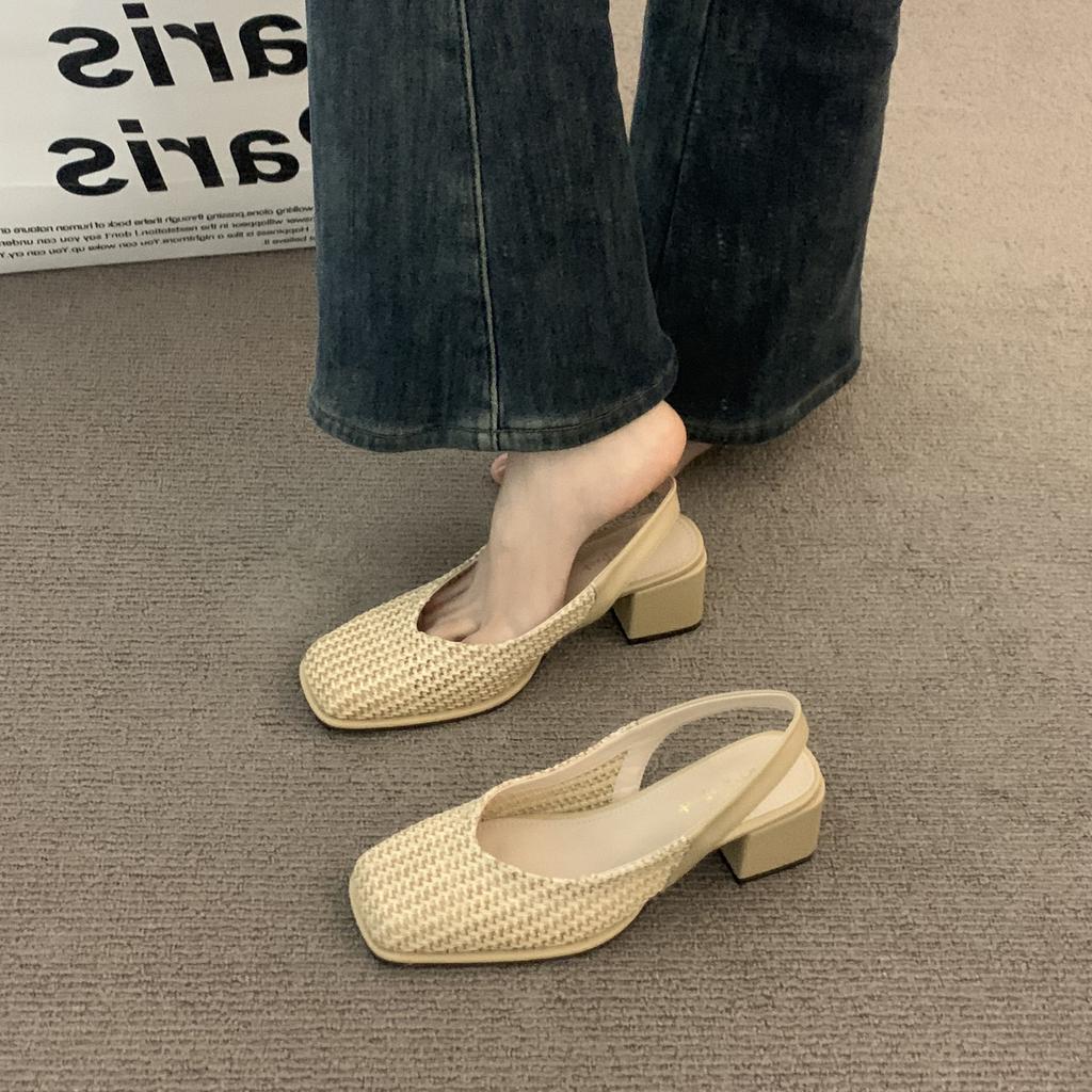 Spät Abendwind dicker Absatz Nische gewebte Bohème-Tasche Kopf Sandalen Feenschuhe 2025 Frühling und Sommer Urlaub leer einzelne Schuhe