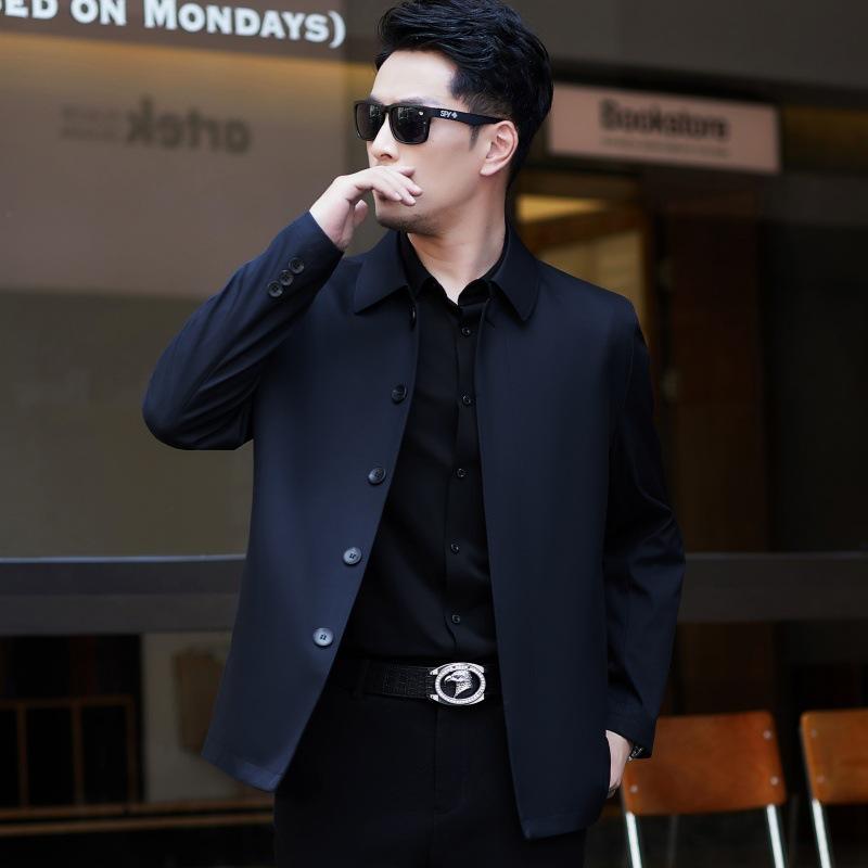 Spring and Autumn Mulberry Silk Men's Jacket Middle-aged Loose Thin Large Size Top Business Casual Lapel Dad Jacket