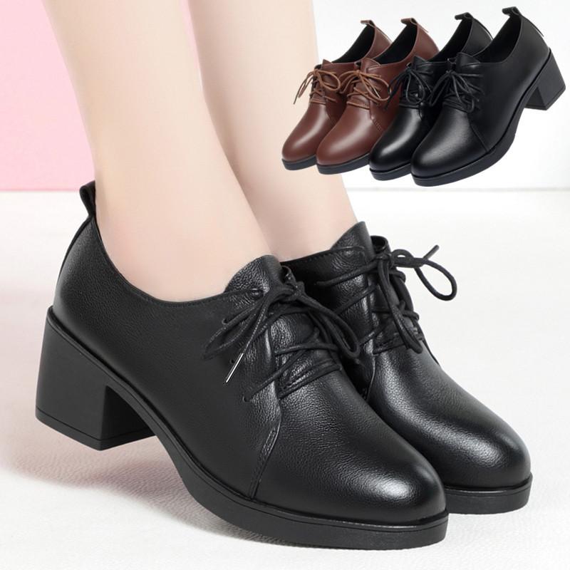 Women's Soft Leather Mid-heel Chunky Heel Soft Sole Women's Single Shoes Lace-up Leather Shoes Women's Casual Work Shoes