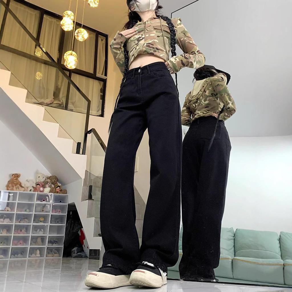 Women's Plus Size Black High-Waist Wide-Leg Jeans - Loose Drapey Straight Leg, Floor-Length, Spring/Autumn 2025 Fashion.