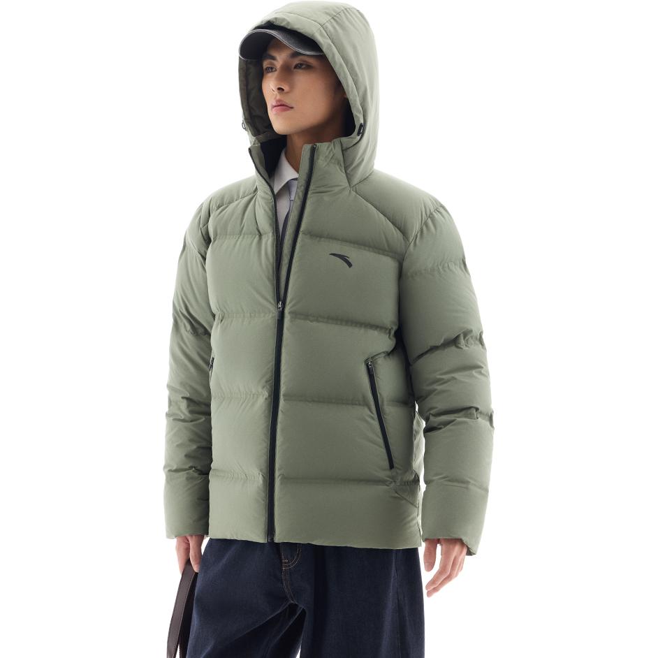 Anta Comfortable Casual Hooded Simple Zipper Down Jacket Men Outerwear Jinglin-Green 952447905-2