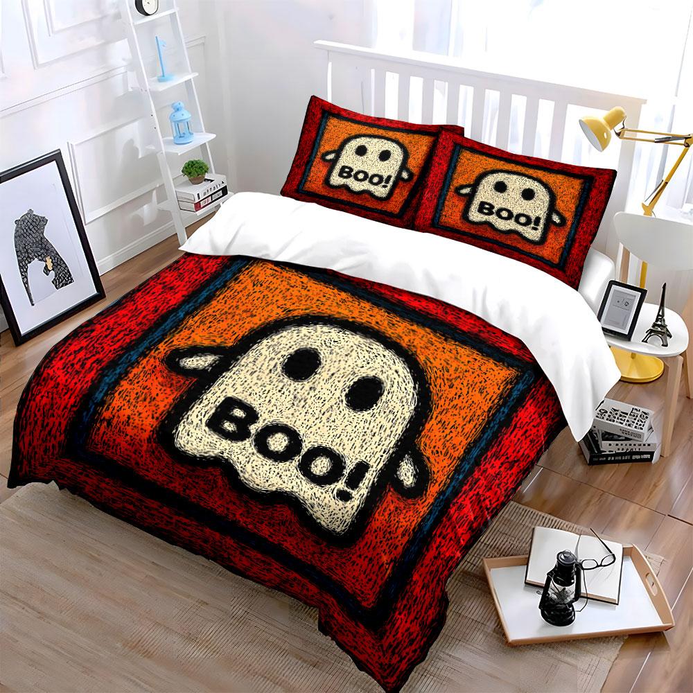 Ghost Illustration with "Boo!" Bedding Duvet Cover Set  (1*Duvet Cover 2*Pillowcases, Without Duvet Insert)