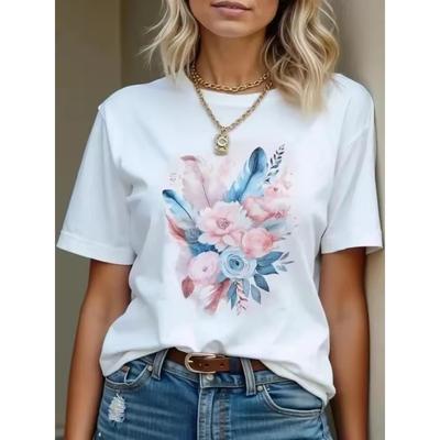 Summer  Comfortable 3D T-Shirt Floral Pattern Print Casual Short Sleeve Crew Neck Top for Women