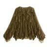 Women's V Neck Long Sleeve Blouse with Layered Ruffle Decoration Button Front Loose Fit Fashion Shirt Top for Casual Office Wear