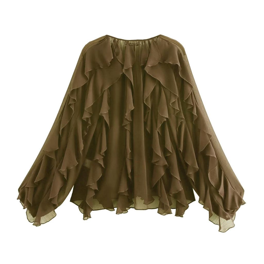 Women's V Neck Long Sleeve Blouse with Layered Ruffle Decoration Button Front Loose Fit Fashion Shirt Top for Casual Office Wear