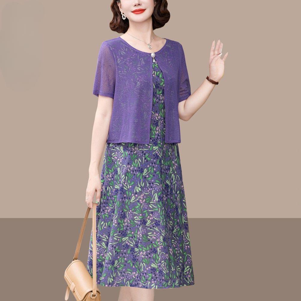 Elegantní letní šaty s krátkým rukávem pro ženy Móda pro střední věk Zeštíhlující Falešné dvoudílné Šaty pro matku