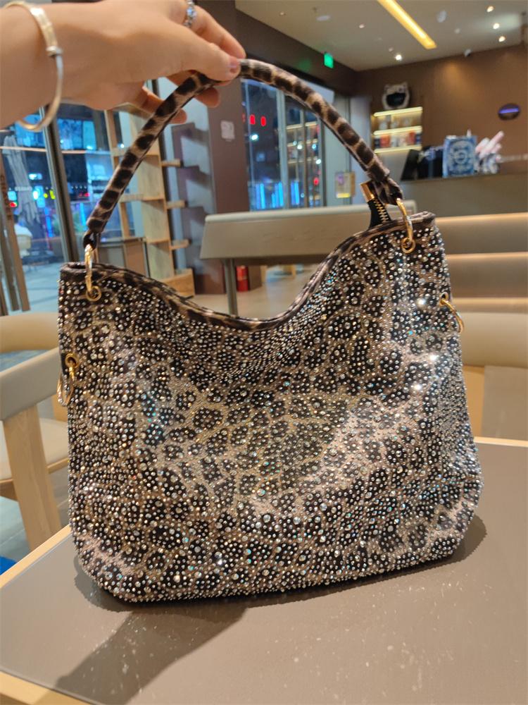 Soft Leather Leopard Print Tote Bag Large Capacity Diamonds Commuter Shoulder Bag for Women
