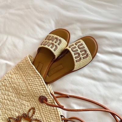 QSDD Midsummer Evening Wind Amiu Family Holiday Letter Woven Flat Bottom Beach Leisure One-word Drag Women's Shoes Sandals Outside Wear