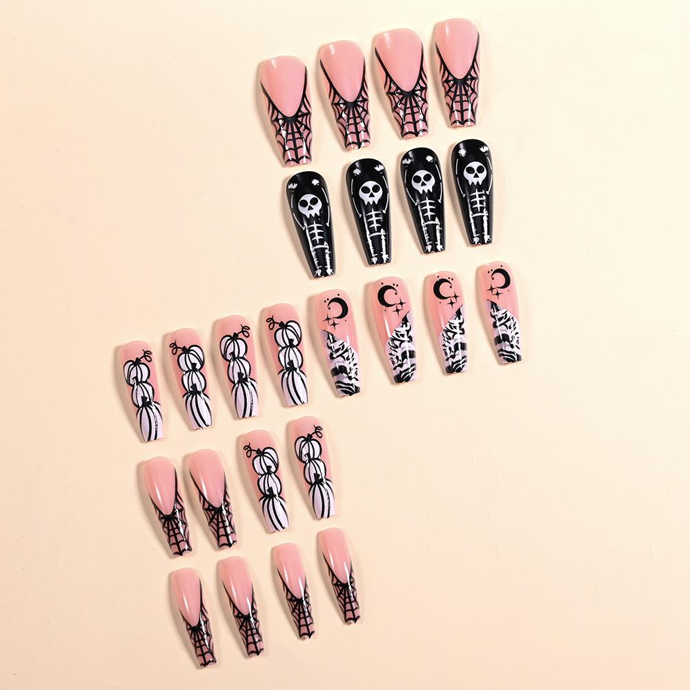 96 szt. 24*4 Krwiste Halloween Długie Migdały Sztuczne Paznokcie 3D Czarna Czerwona Pajęczyna Czaszka Przyklejane Paznokcie Pełne Pokrycie Manicure Dekoracje