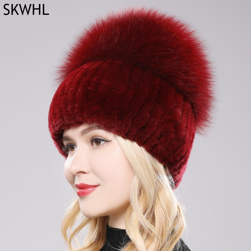 Female'S Hat Good Elastic Natural Fluffy Real Fox Fur Hat New Winter Women Knitted Real Rex Rabbit Fur Hats Lady Real Fur Cap