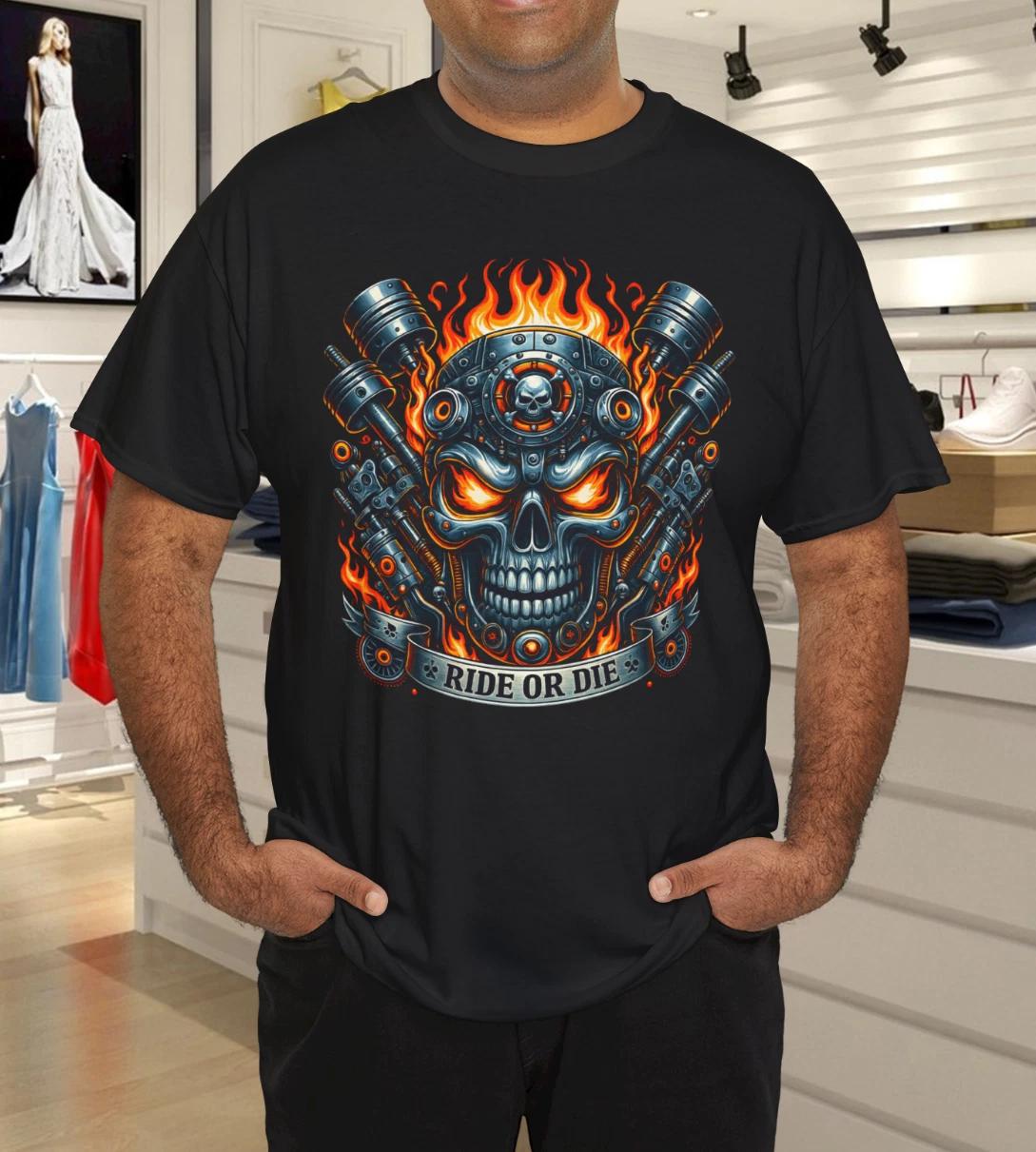 Ride or Die Mechanical Skull Flames Biker Engine Graphic T-Shirt S