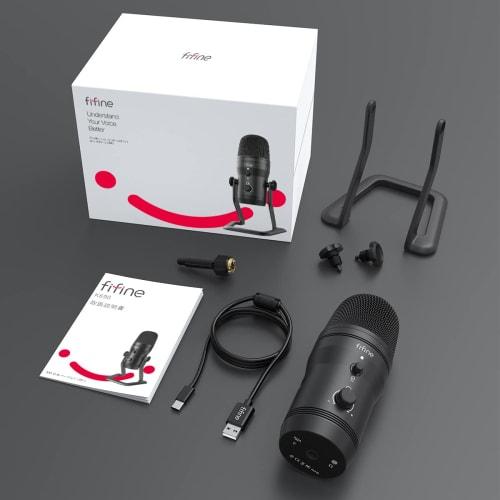 FIFINE USB Microphone, Condenser Stereo Recording Microphone with Mute Button and 3.5mm Earphone Jack for Audio Monitoring, Adjustable Polarity, for C