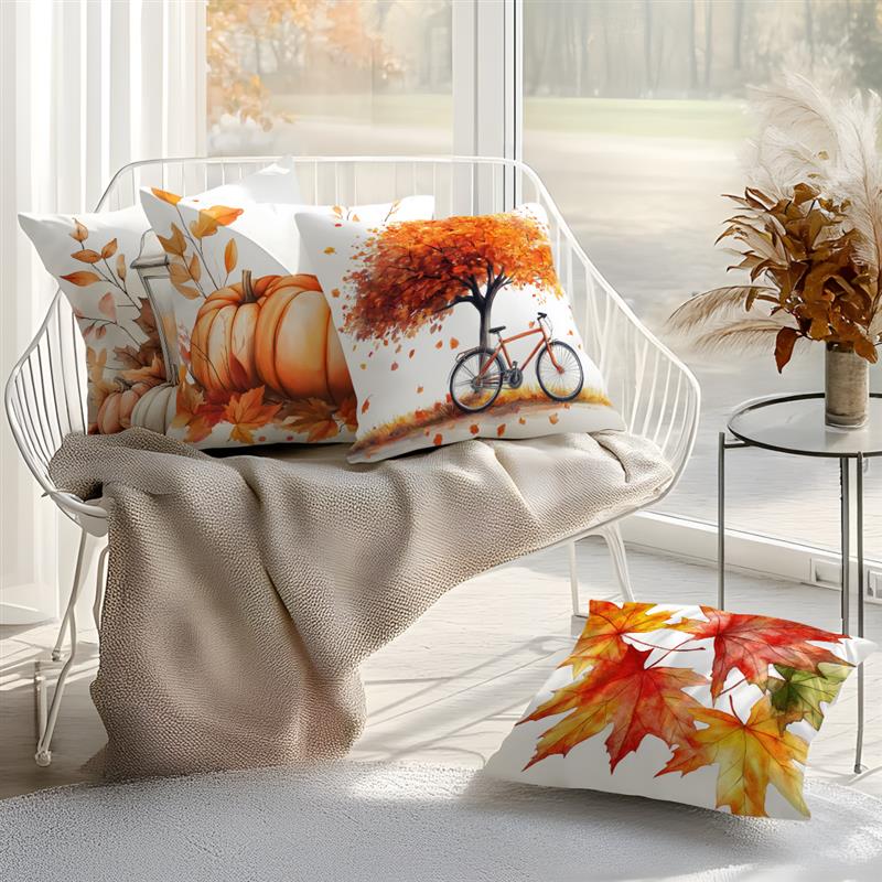 Home Decor Autumn Leaves, Pumpkins & Lanterns Pillow Covers Pattern Cushion Cover Suitable For Sofa Bedroom Car Pillow Cover