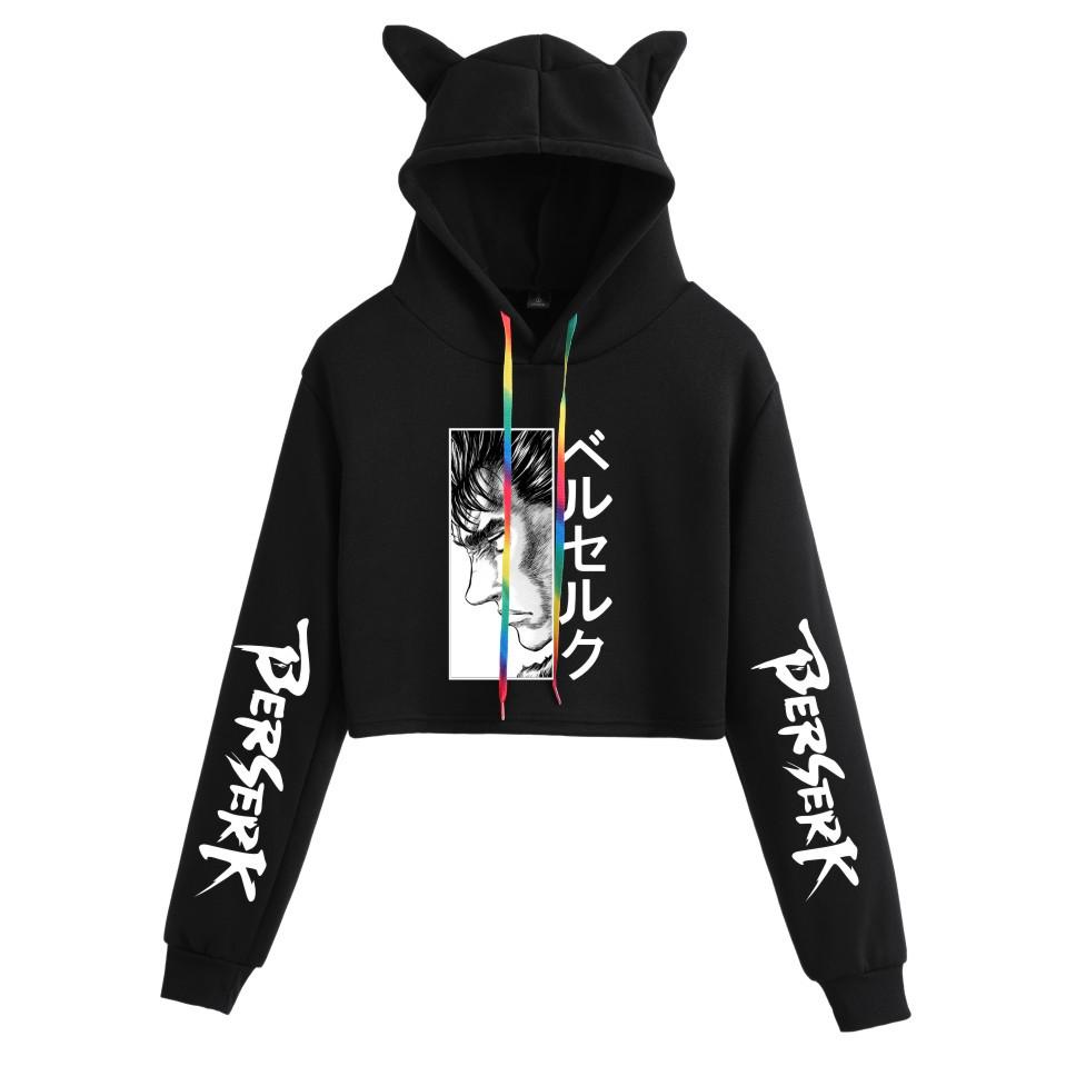 Women's Cat Ear Hoodie with Berserk Print - Cropped Style