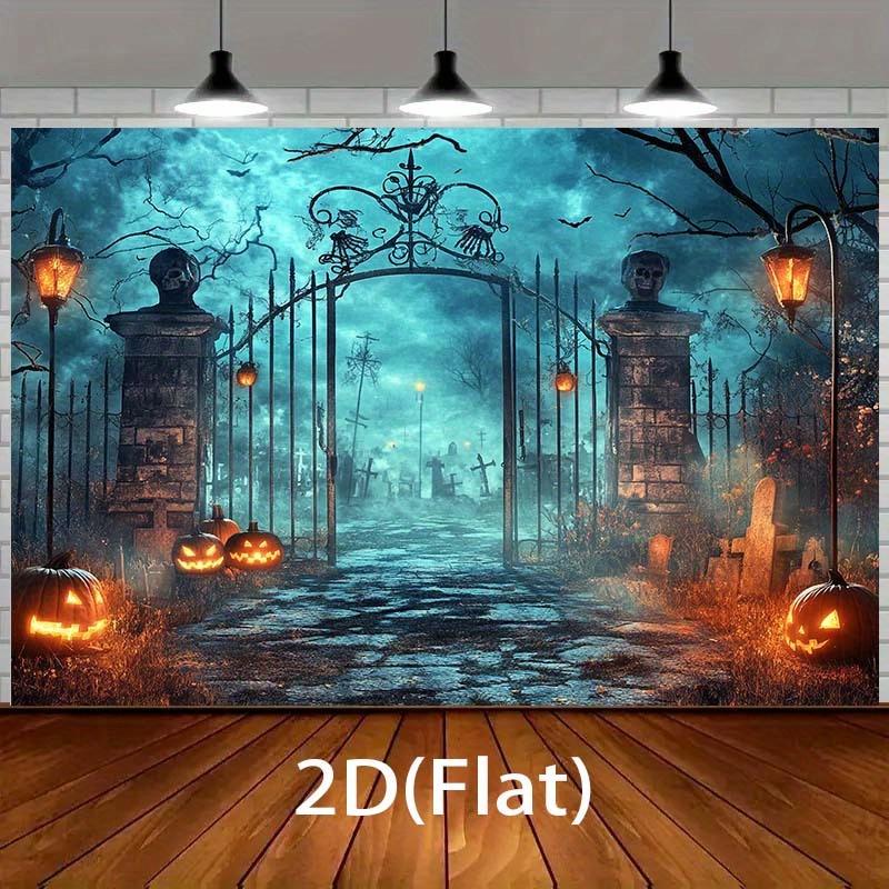 1pc2Dfalt Halloween Background Banner - Ghostly Graveyard Gate, Durable Polyester Fabric, No Electricity Required-sym