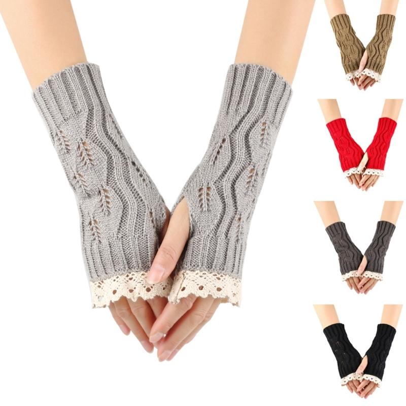 Lace Arm Sleeves Slouchy Y2K Warm Knit Gloves for Women Girl Casual Hand Warmers