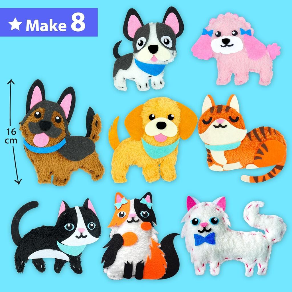 KRAFUN Easy Sew Puppy and Kitten for Arts and Crafts Beginners for Kids, 8 Easy DIY Projects with Stuffed Animal Dolls of Puppies and Kittens, Gift