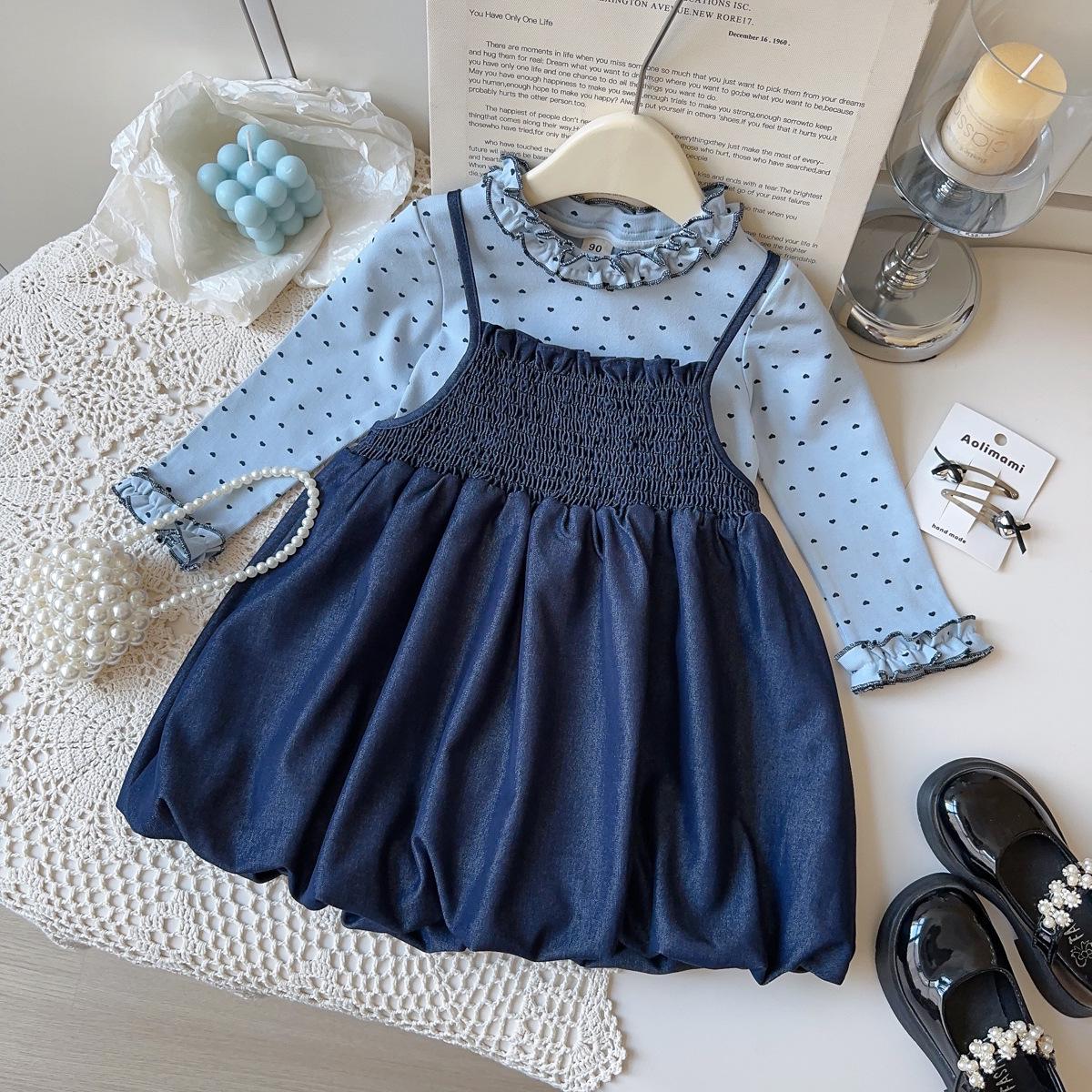 

Korean Style Girls Autumn Sling Dress & Base Shirt Two-Piece Set Size 130