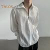 Men Shirt White Long Sleeve Lapel Lace-up Collar Pullover Tops Vertical Stripe Texture Decoration Casual Shirt Workwear
