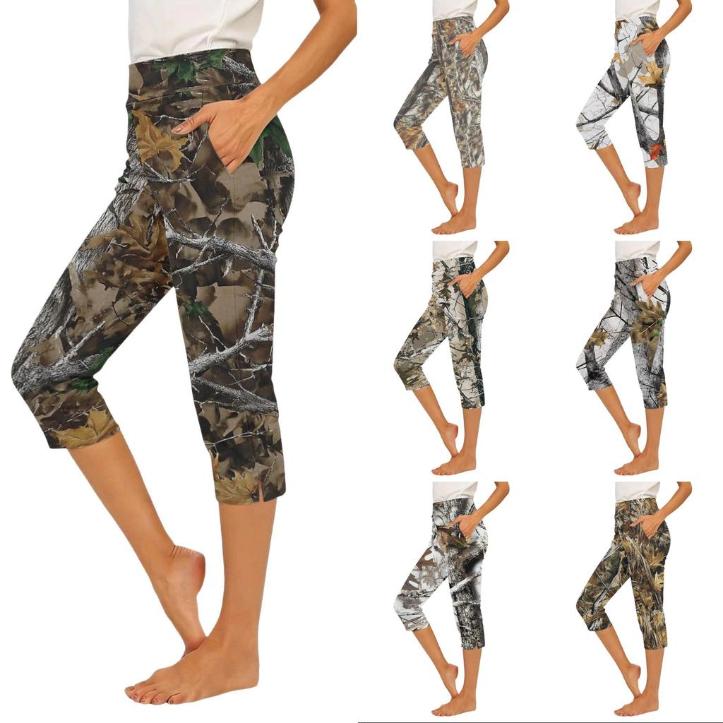 Women's Elastic Waist Casual Capri Pants Slim Fit with Pockets and Side Slits Stretchy Lightweight Bottoms for Everyday Wear