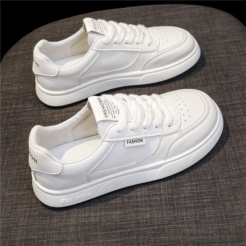 Women's Versatile Thick-Soled White Leather Sneakers for Spring & Autumn - Casual Sports & Skate Shoes