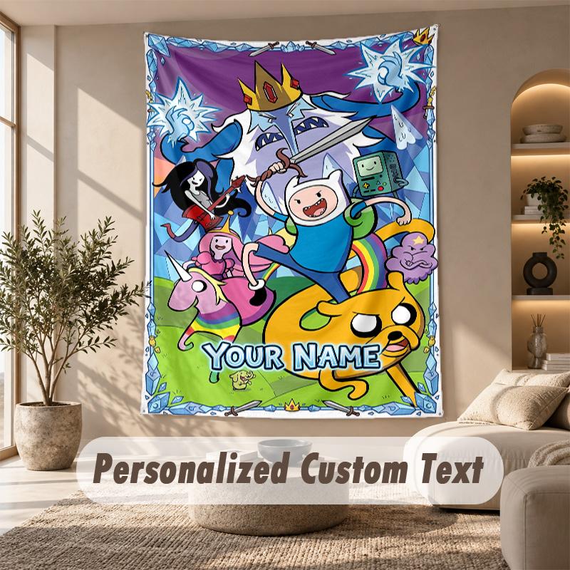Adventure Time Cartoon Tapestry, Personalized Custom Text, Wall Hanging Tapestry For Living Room Home Wall Decor