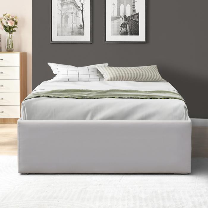 Solide Lit Coffre Gris pour matelas 90x200 cm - 12 Lattes - manon pieds - revetement PVC Simili facile dentretien