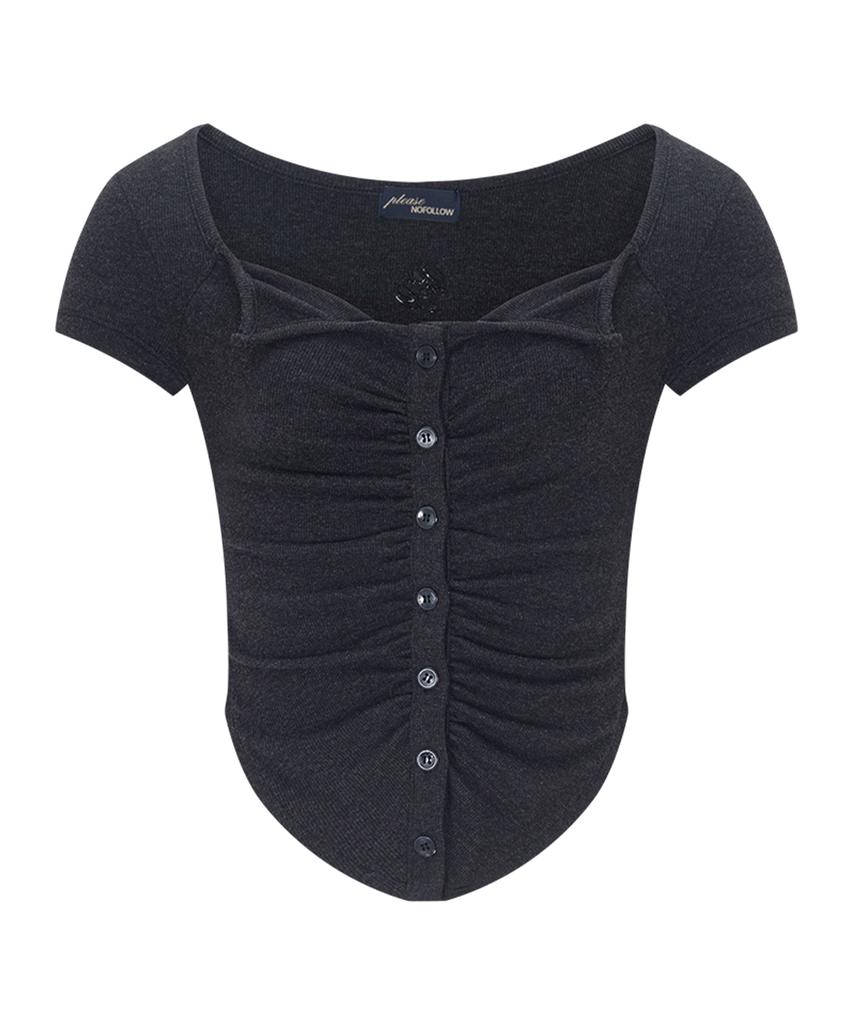Peullijeunopallou Kaya Button Shirring Short Sleeve Top (Melange Black)