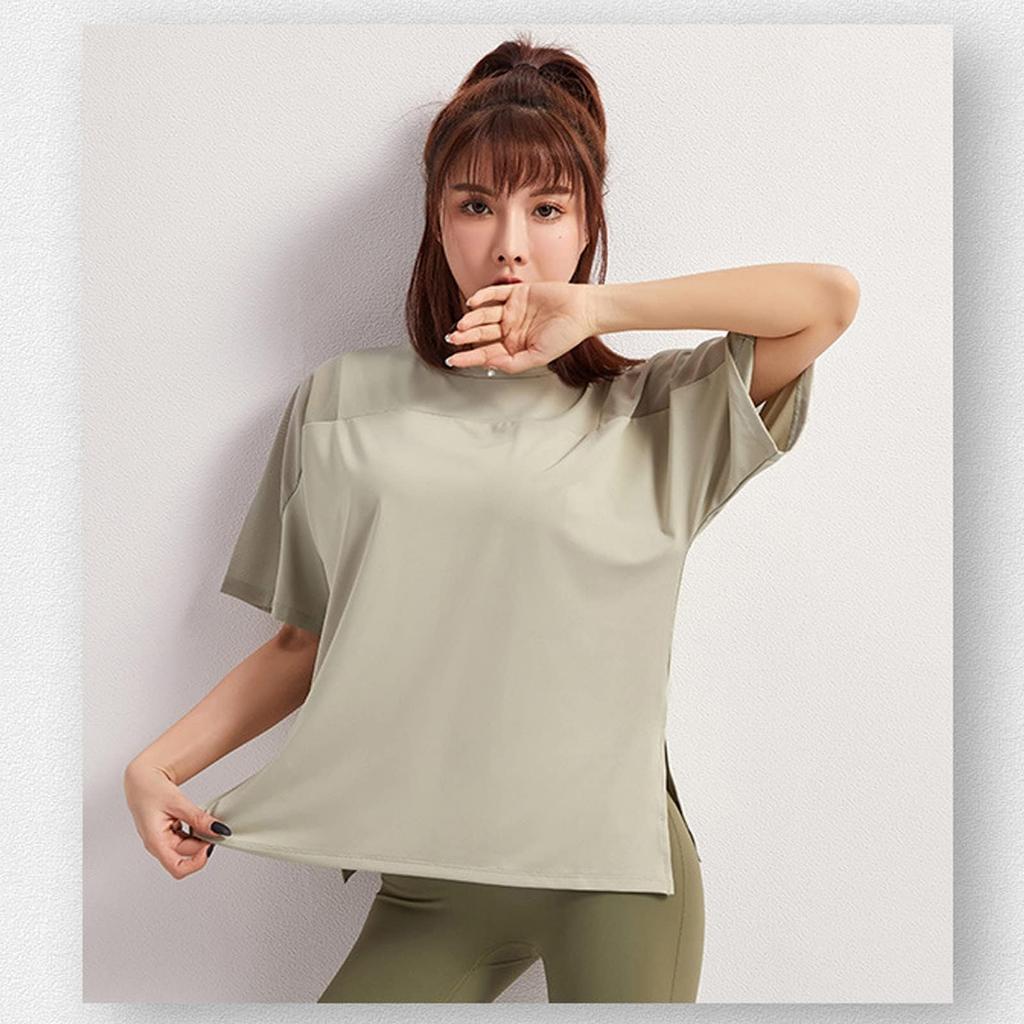 Yuoku Sports Yoga Loose Fit Training Short Shirt, Wear, Top, Women's, Figure-Contoured T-Shirt, Mesh, Wear, Sleeves, Slit, Stretch, Quick-Drying,