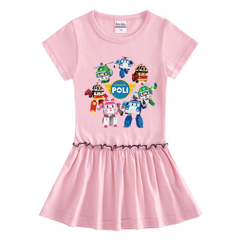Summer Cartoon Raglan Color Block Pleated Dress for Girls - Stylish Short Sleeve Ruffle Skirt