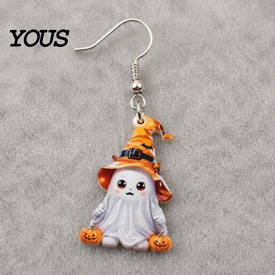 Secure Fit Halloween Earrings 1 Pair Cute Ghost Earrings, Acrylic Dangle with Witch Hat Pumpkin Bat, Anti-Rust Metal Hooks, Playful Accessories