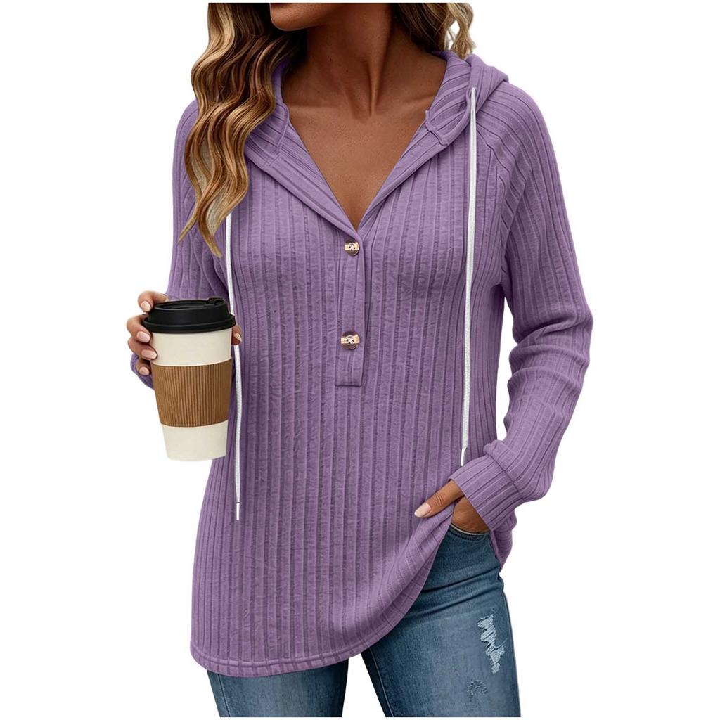 Women's Casual Long Sleeve Hooded V-Neck Loose Fit Top Color