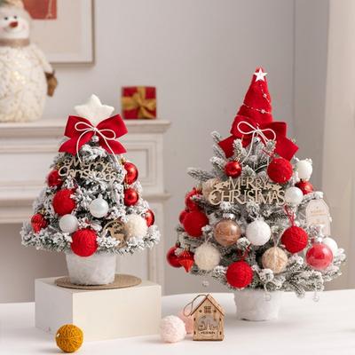 Yousheng Mini Snow Flocked Christmas Tree Tabletop Artificial Christmas Tree with LED Lights Small Pine Tree with Balls And Bow for Desk Windowsill