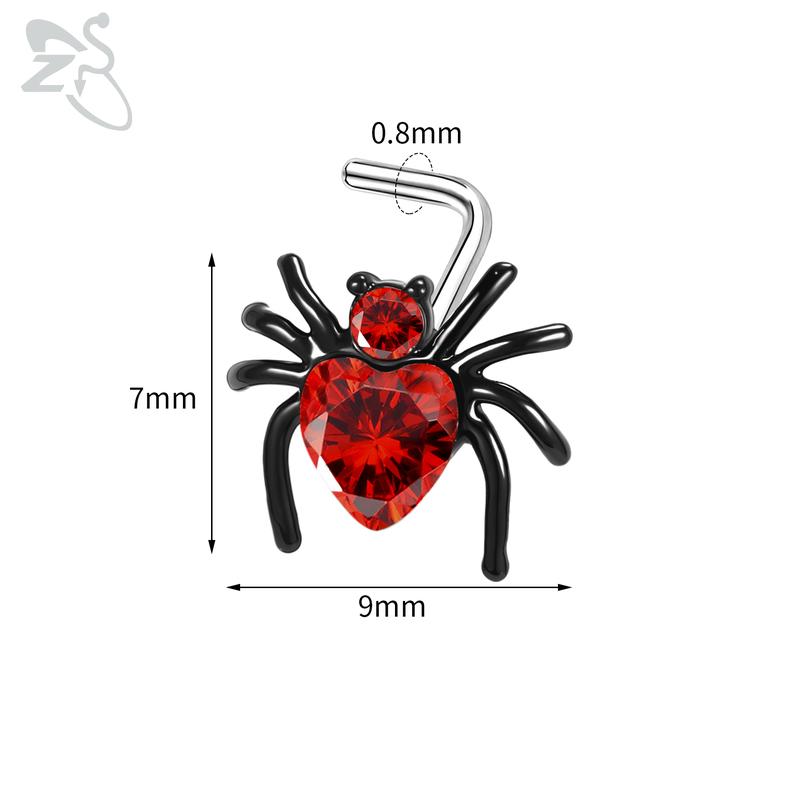 ZS 1 Piece Cute CZ Crystal Nose Stud 20G L Shaped Stainless Steel Nose Piercings Punk Black Color Spider Bat Nostril Piercing