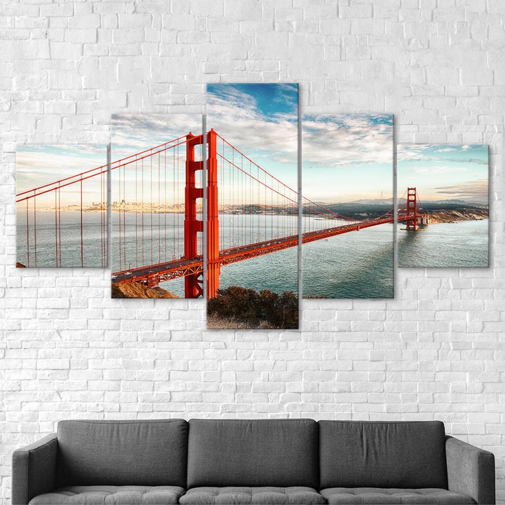 Golden Gate Bridge Landscape 5 Piece Five Panel Wall Canvas Print Modern Art Poster Picture Home Decor Gift For Him For Her