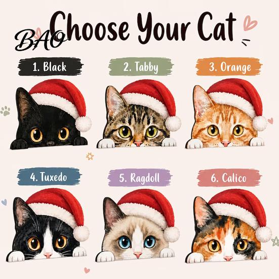 Desktop Cat Figurine Cute Shelf Sitter, Wooden Christmas Hat Peeking Desk Figurine, Funny Animal Small Statue Sign, Lover Gift for Holiday Home Office