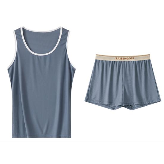 2Pcs/Set Men Pajamas Set U-Neck Sleeveless Vest Elastic Waist Wide Leg Shorts Set Summer Sleepwear Home Wear