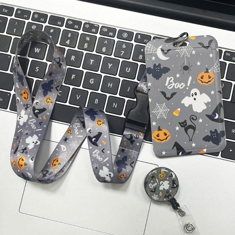Lanyard Badge Card Holder with Keyring Pumpkins Neck Strap Halloween Retractable Badge Holder for Students